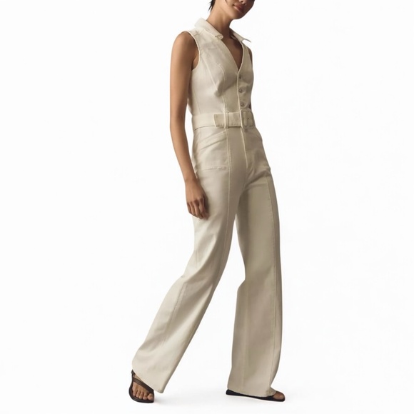 PAIGE Sasha Belted Wide Leg Denim Jumpsuit in Tonal Ecru - Picture 1 of 14